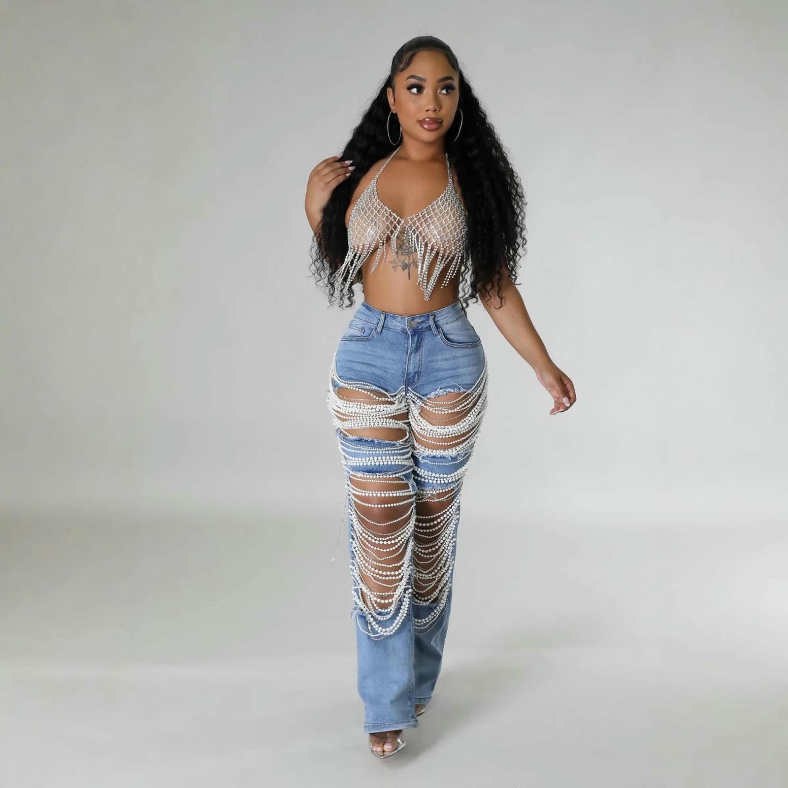 Dżinsy damskie Hot Girl Ripped Jeans, spodnie ze stretchem z ciężkimi koralikami