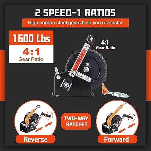 Miniatura 2 de Cabrestantes de barco para remolques, cabrestante de barco de 1600 libras con correa de 33 pies, cabrestante de mano resistente con trinquete de 2