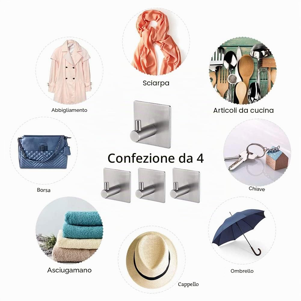 Ibergrif MK34251A - Ganci autoadesivi resistenti, per bagno o cucina, 4 pezzi, colore: argento