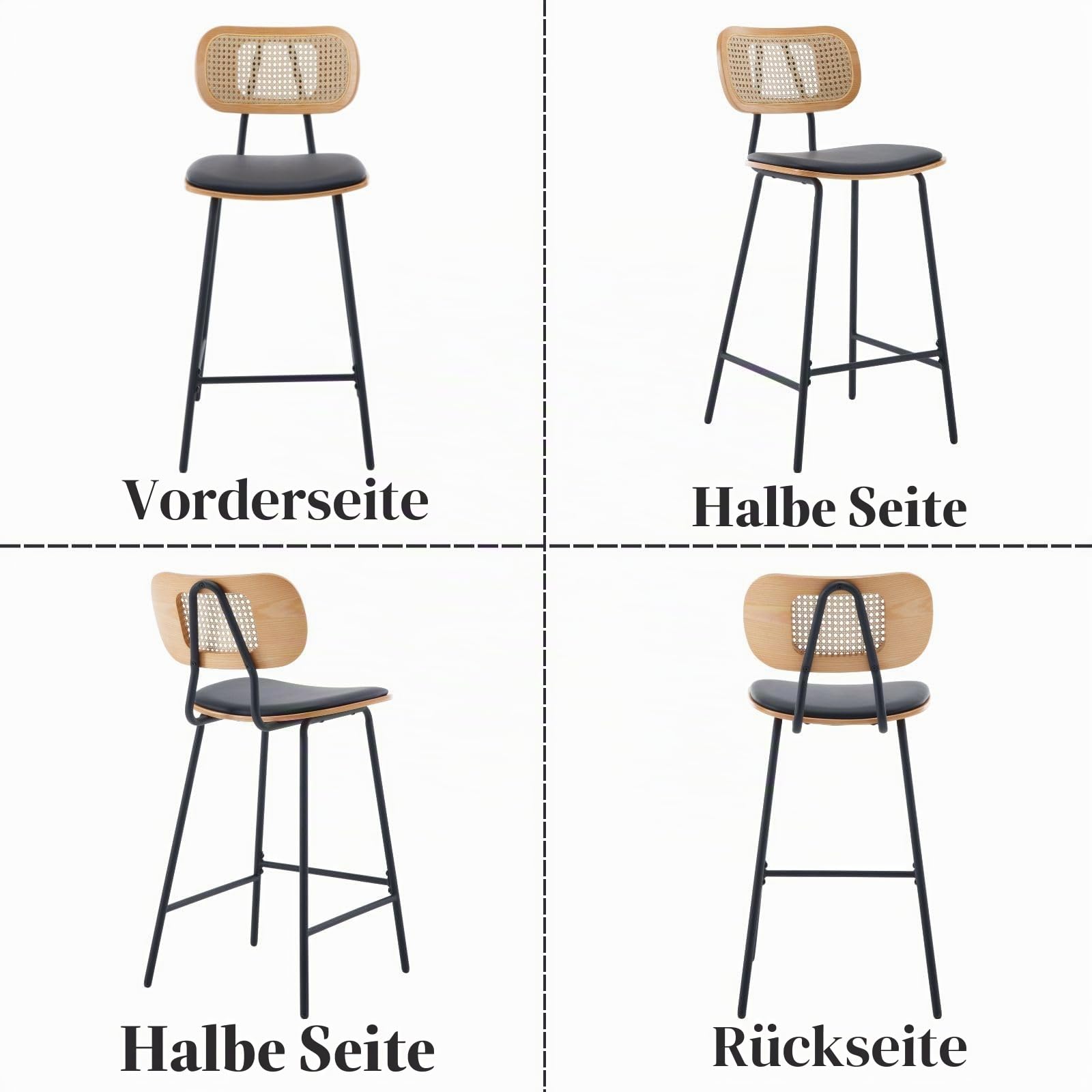 Ya-Home Barhocker 2er Set Rattan, Barstuhl mit Lehne, Schwarz