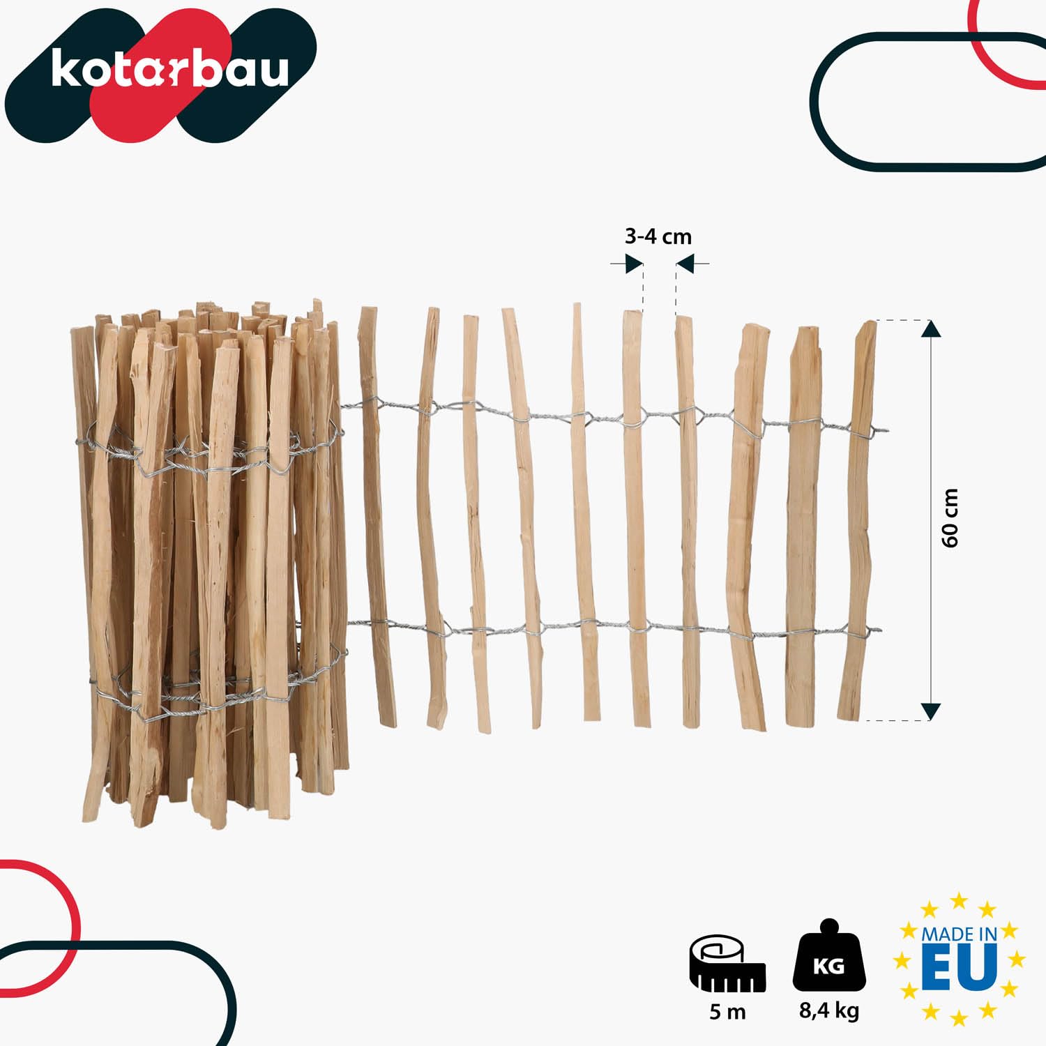 KOTARBAU® Ganivelle, Clôture Bois 0,6 x 5m, Bordure Bois Jardin, Noisetier