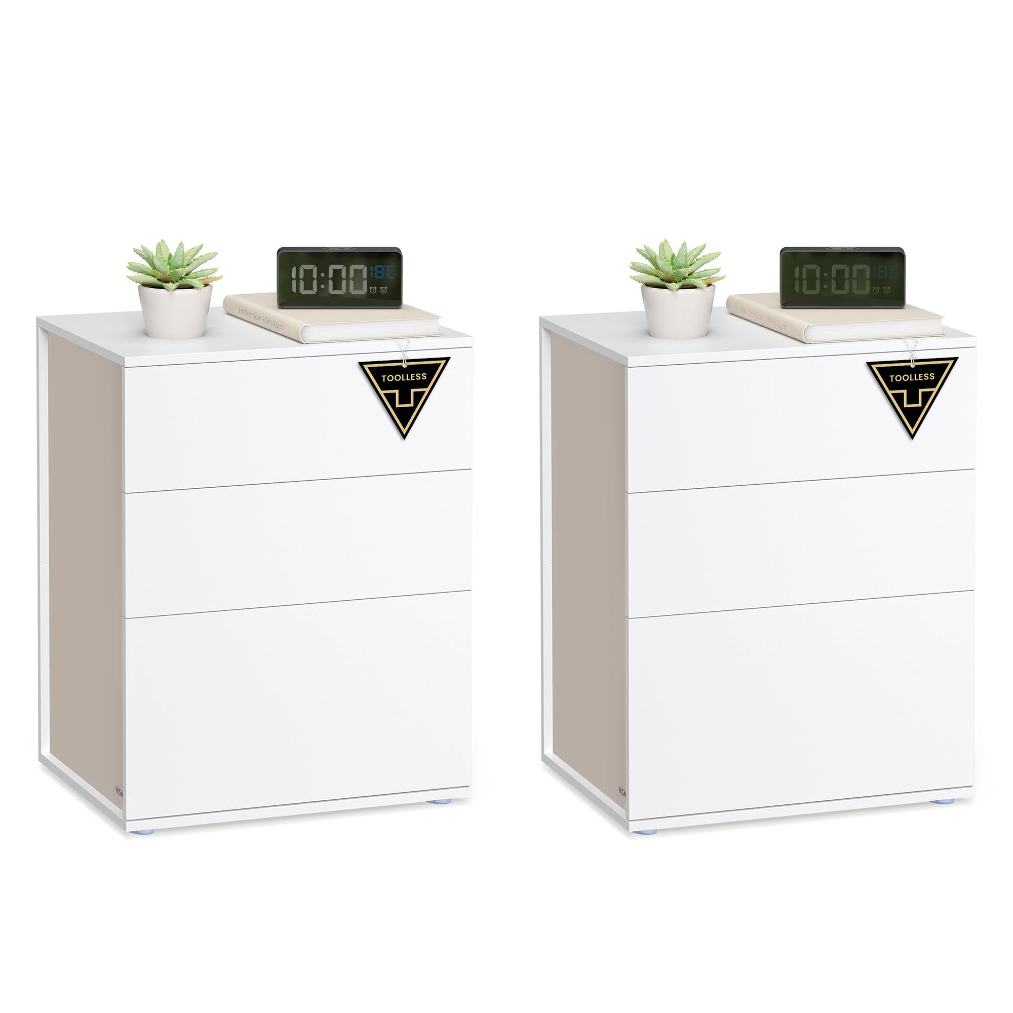 Superfast Toolless Assembly, Bedside Table, Matte White + Cappuccino Beige