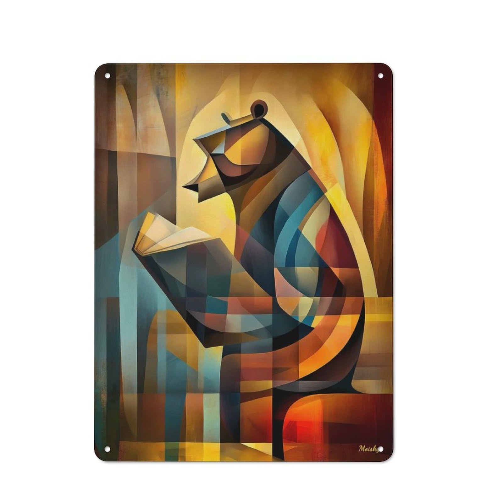 Junmoney Charming Bear – Cubist Reader In Deep Thought Country Style Metal Wall Decor 40X30cm, Decorative Metal Sign For Kitchen, Cafe, Pantry Or Dining Room