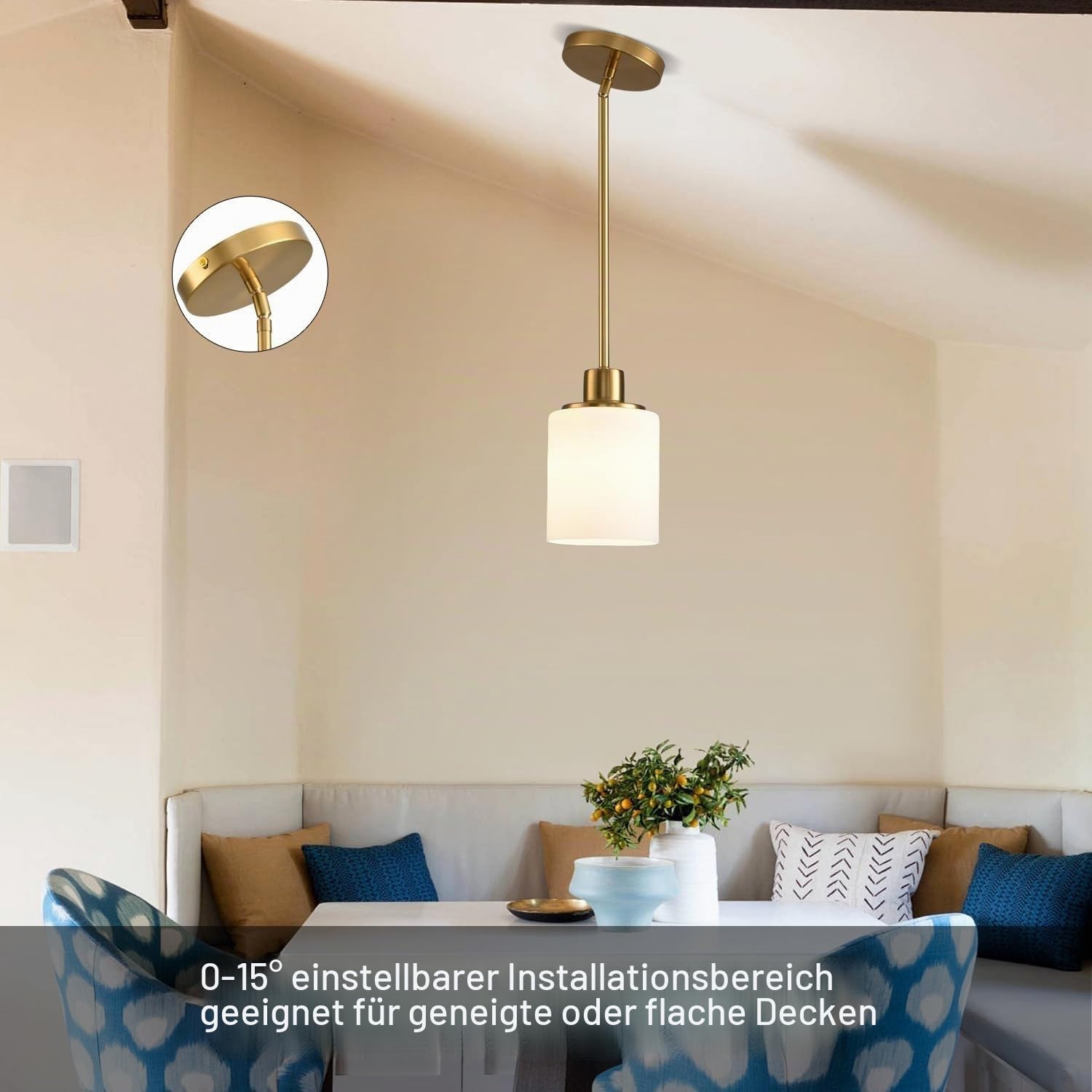 Hängelampe mit Batterie, batteriebetriebene Pendelleuchte, moderne Deckenlampe ohne Stromanschluss mit Fernbedienung und Glaslampenschirm, 9 Farben dimmbar ideale Hängeleuchte für jeden Raum.(Milky+br