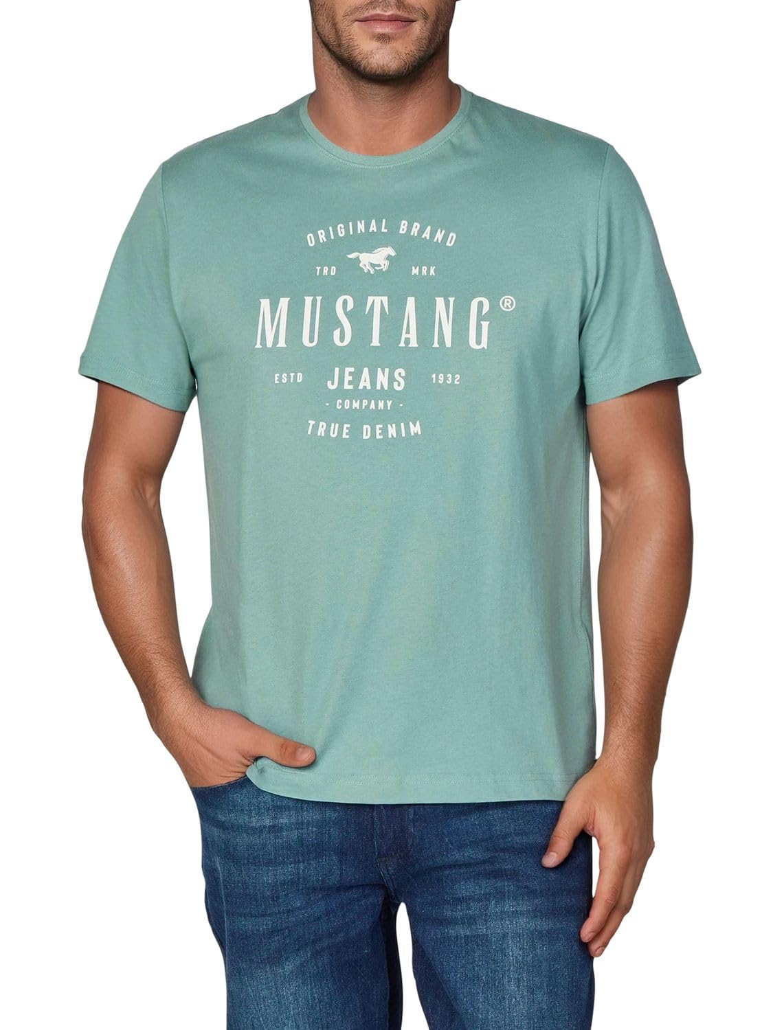 MUSTANG Tshirt Herren Baumwolle Regular Fit 4er Pack Set Rundhals Kurzarm Sommer Tee Shirt Logoprint Schwarz Weiß Grau Blau Grün S M L XL XXL 3XL 4XL 5XL 6XL