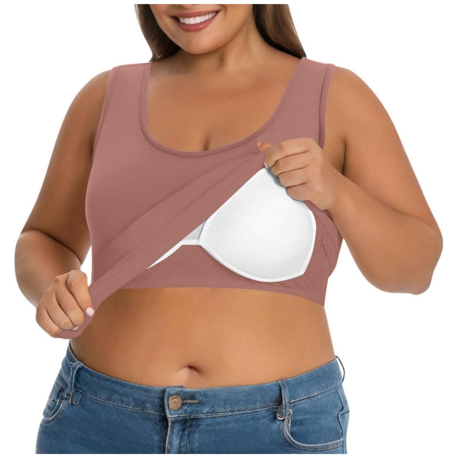 Tank Top Damen BH Hemdchen Ohne Bügel,U Ausschnitt Ärmelloses Shirt Einfarbig Yoga Trägertop,Sommer Oberteil Große Größen Unterhemd mit BH Integriert,Lässige Sporttop Basic Achselshirt für Frauen