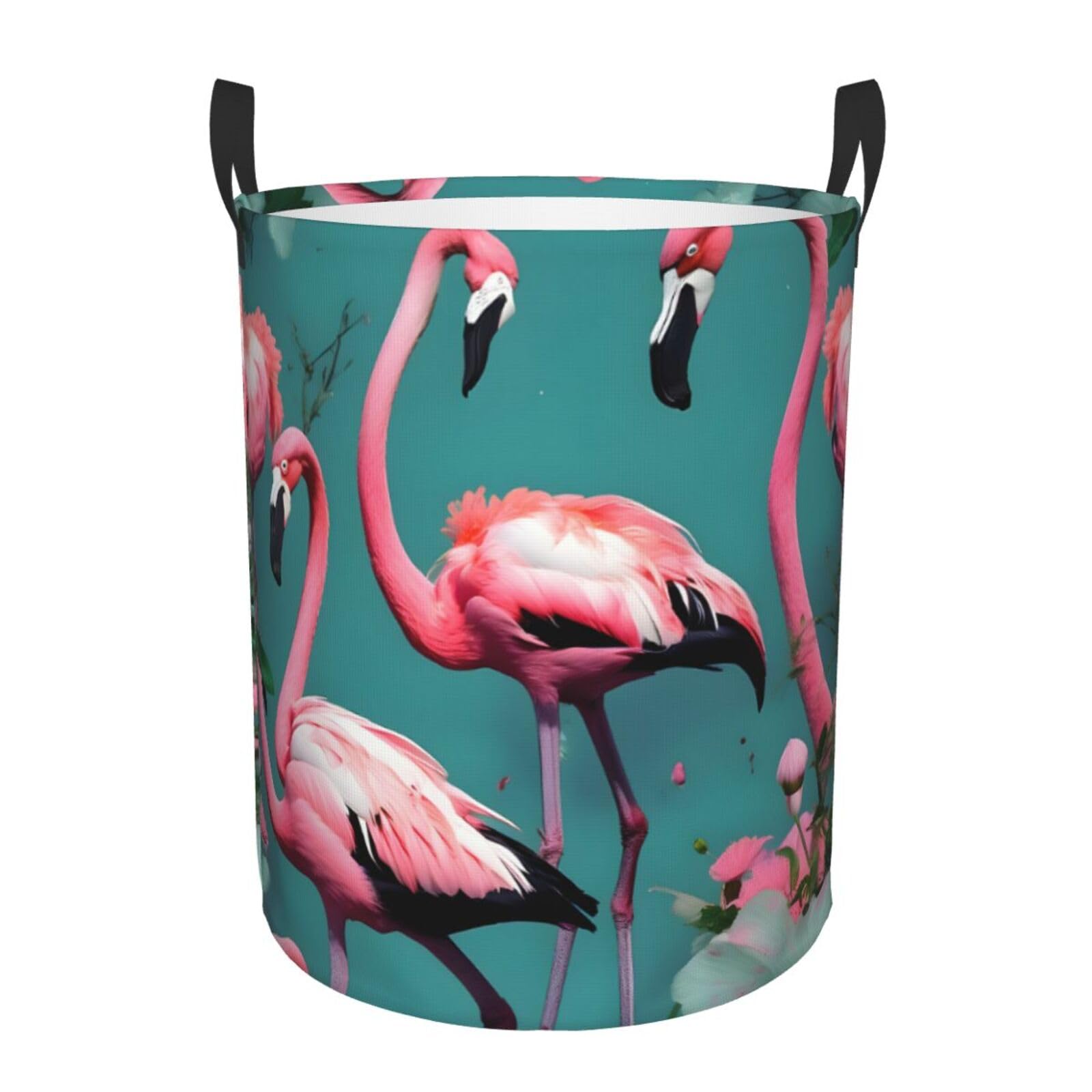 S Collapsible Round Flamingo Flowers Print Laundry Hamper