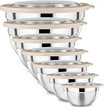 P&P CHEF Mixing Bowl with Lid Set of 7, Stainless Steel Nesting Salad Bowls for Cooking Serving Prepping, Clear Lids & Stackable Design, Size 4.6, 3.5, 3, 2, 1.5, 1, 0.7 Qt - Black