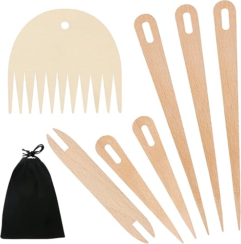 BENBO Juego de 7 palos de telar de mano de madera, herramientas de aguja de ojo grande, aguja de ganchillo para tejer de madera, peine de tejido de