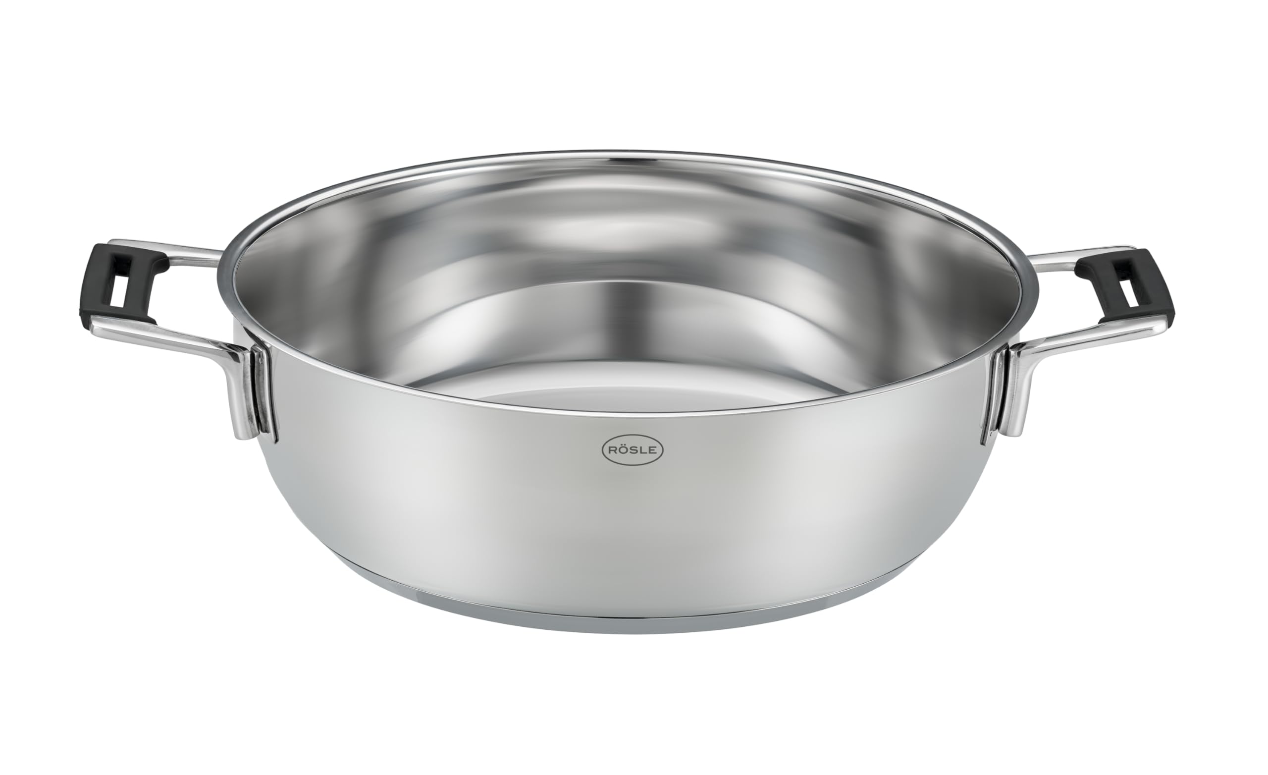 RÖSLE SILENCE PRO Servierpfanne Ø 28 cm, Hochwertige Edelstahl-Schmorpfanne, isolierte Griffen für sicheres Servieren, Edelstahl 18/10 unbeschichtet, silbern/schwarz, 39 x 29,5 x 14 cm