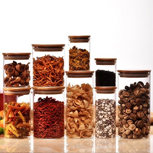 High Borosilicate Glass Cylinder Airtight Food Storage Container Canister Jar with Bamboo Lid & Silicone Sealing Ring Set of 9Glass Storage Jar Airtight Container Kitchen Canister of Coffee Tea Food