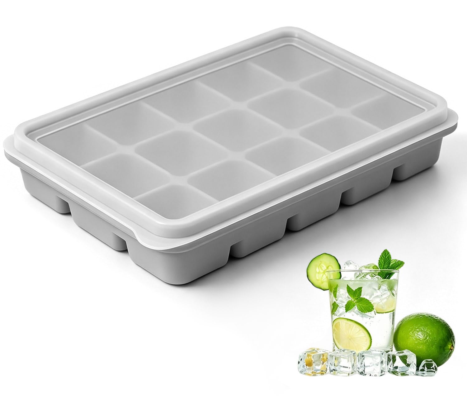 Azxb Ice Cube Trays with Lid, 1 Pack 15 Cubes Easy Release Stackable Flexible Silicone Ice Cube Trays for Freezer with Removable Silicone Lid for Baby Food, Whiskey, Cocktail, Coffee, BPA Free