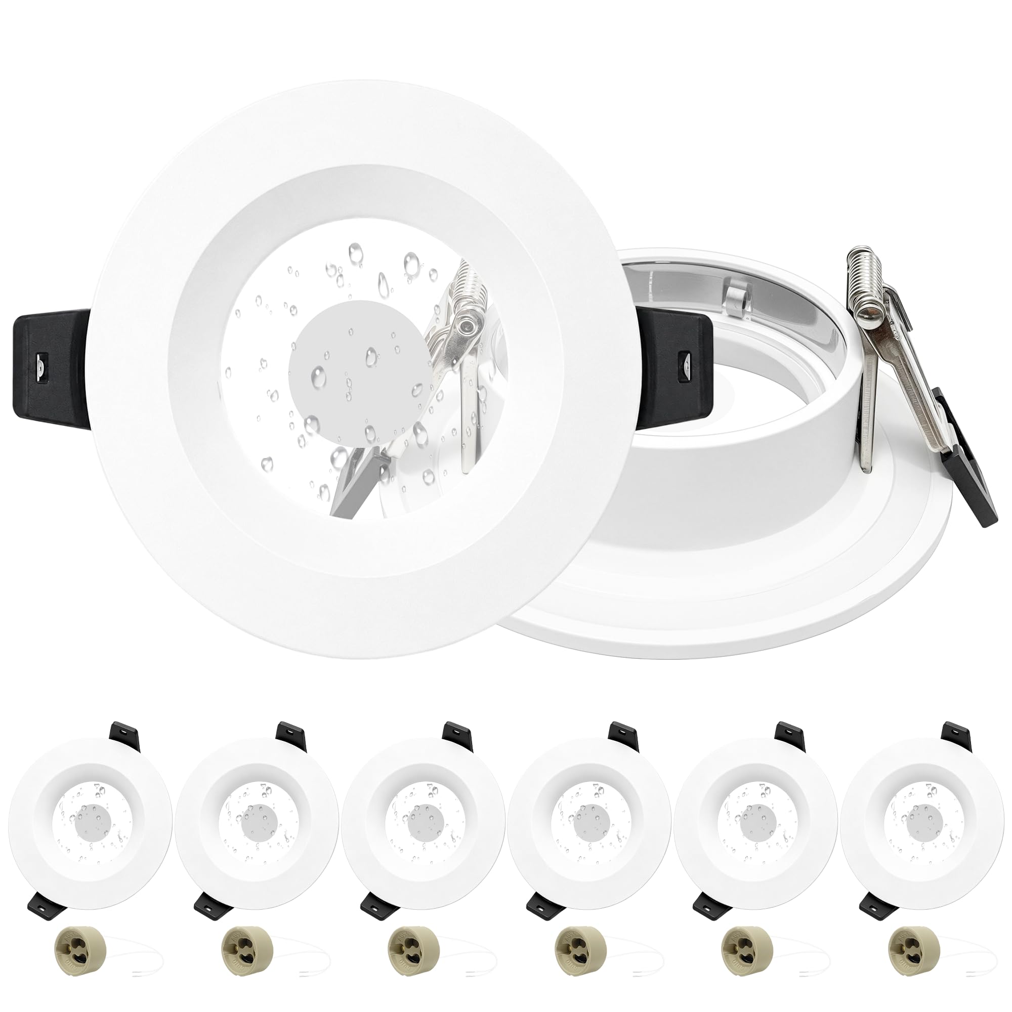 6 x Marcos Foco Empotrable GU10, IP65 Impermeable Aluminio Marco Ojos de Buey LED para Techo Incl. Portalámparas GU10, Blanco Redondo Antideslumbrante Marco Focos Ø65-75mm para Baño