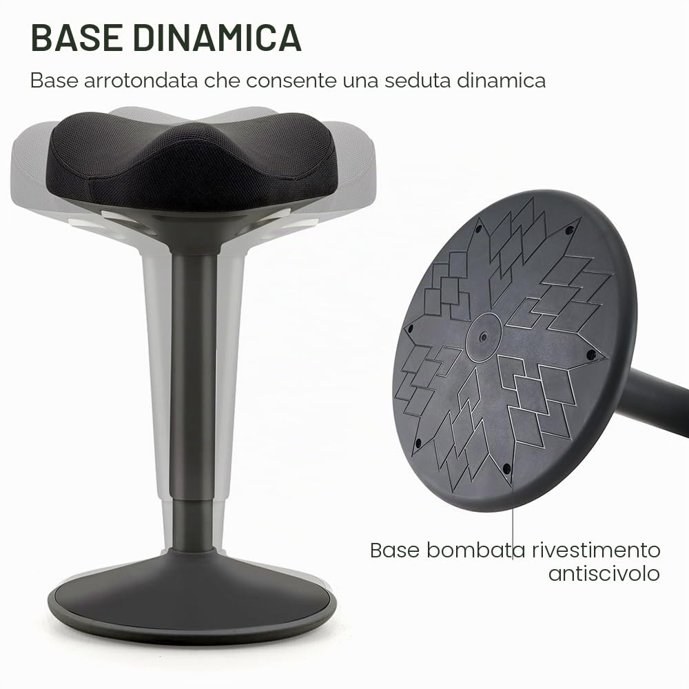 Sgabello ergonomico a dondolo, migliora la postura, base bombata antiscivolo, seduta comfort trapuntata, forma sella, altezza regolabile, post seduto in piedi, lavoro, ufficio, casa, disegno, nero