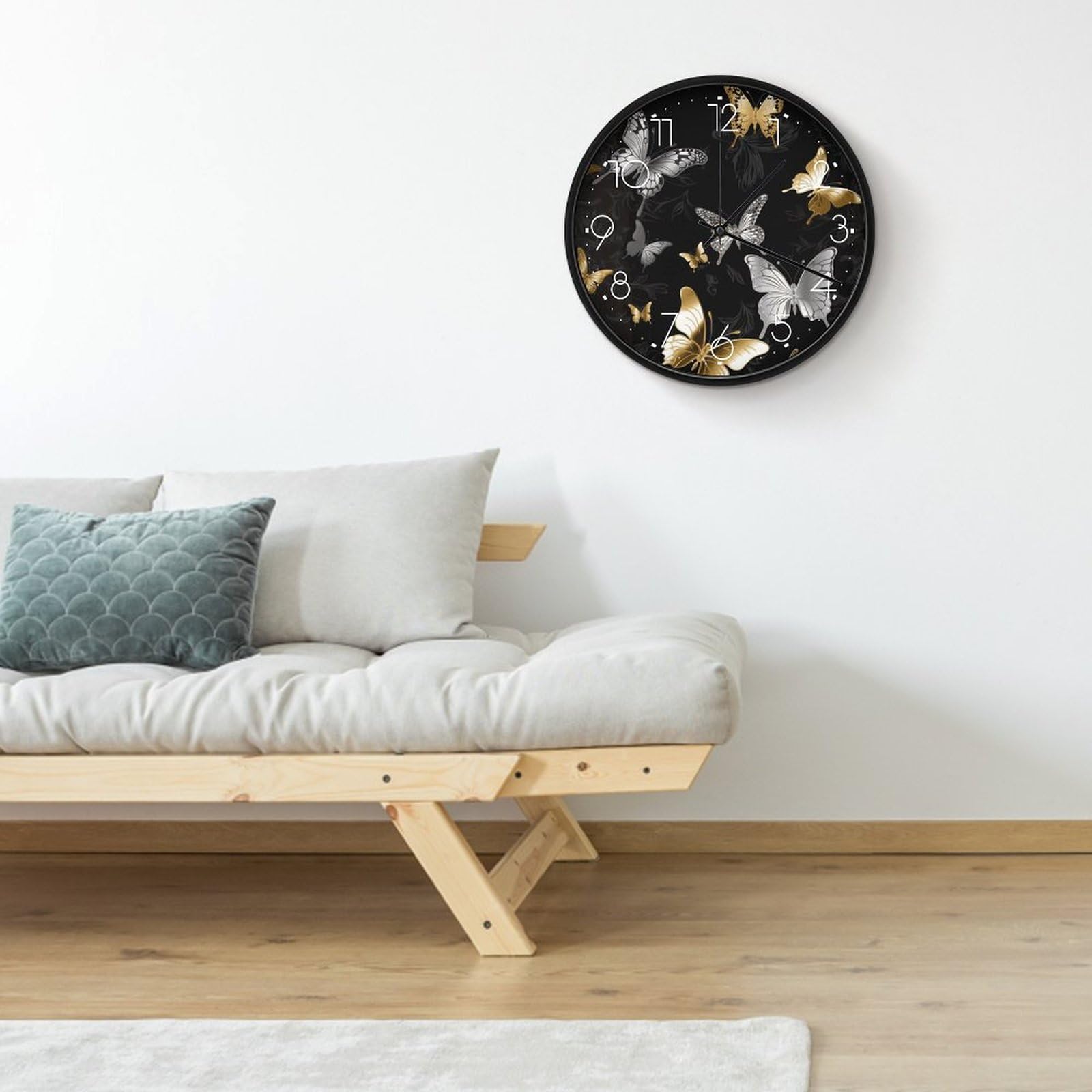 VIDI Horloge murale silencieuse avec papillons blancs dorés et noirs, 25,4 cm, horloge analogique moderne sans tic-tac décorative pour cuisine, bureau, salle de bain, chambre à coucher