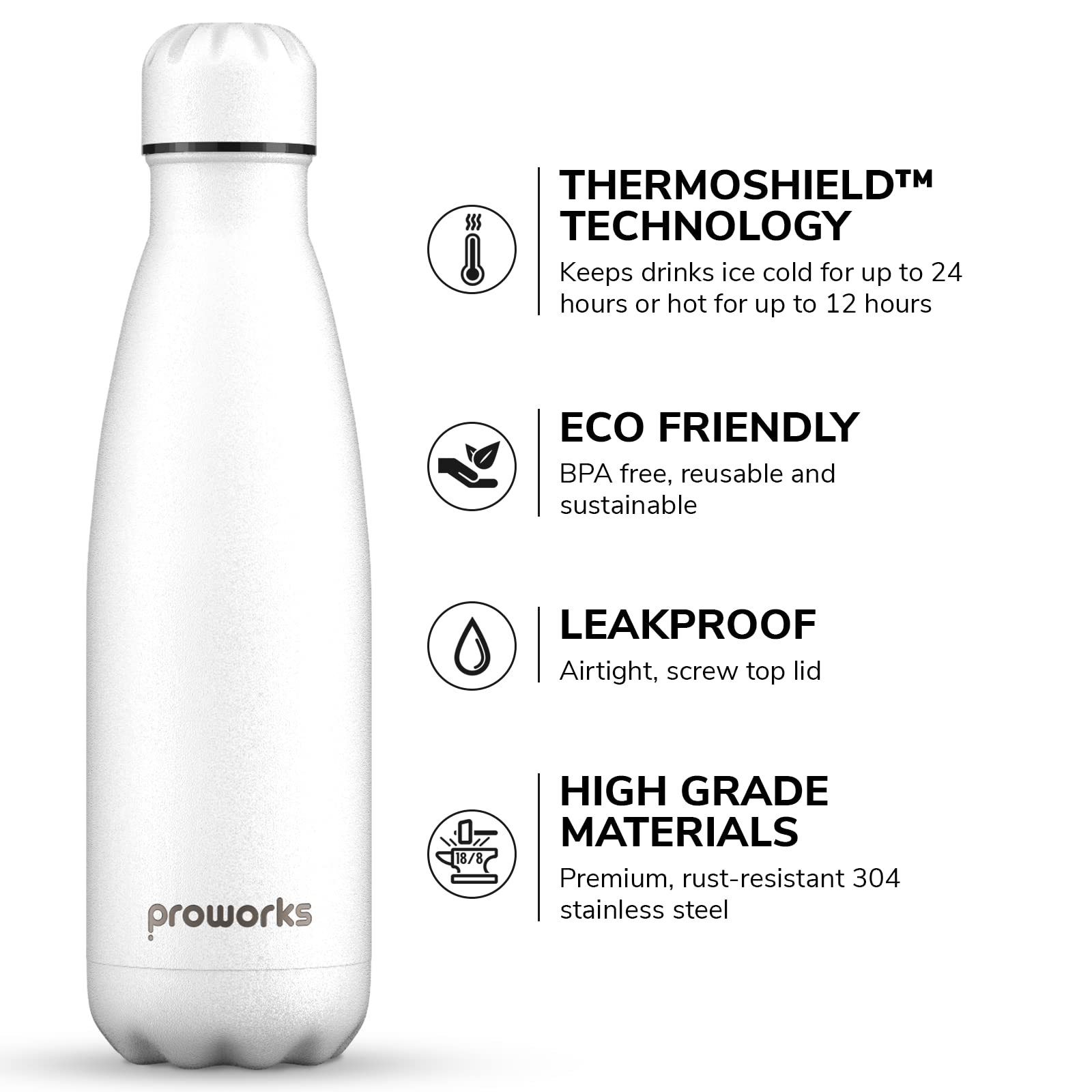 Proworks Performance Stainless Steel Sports Water Bottle, All White, 500 ml - Image 2
