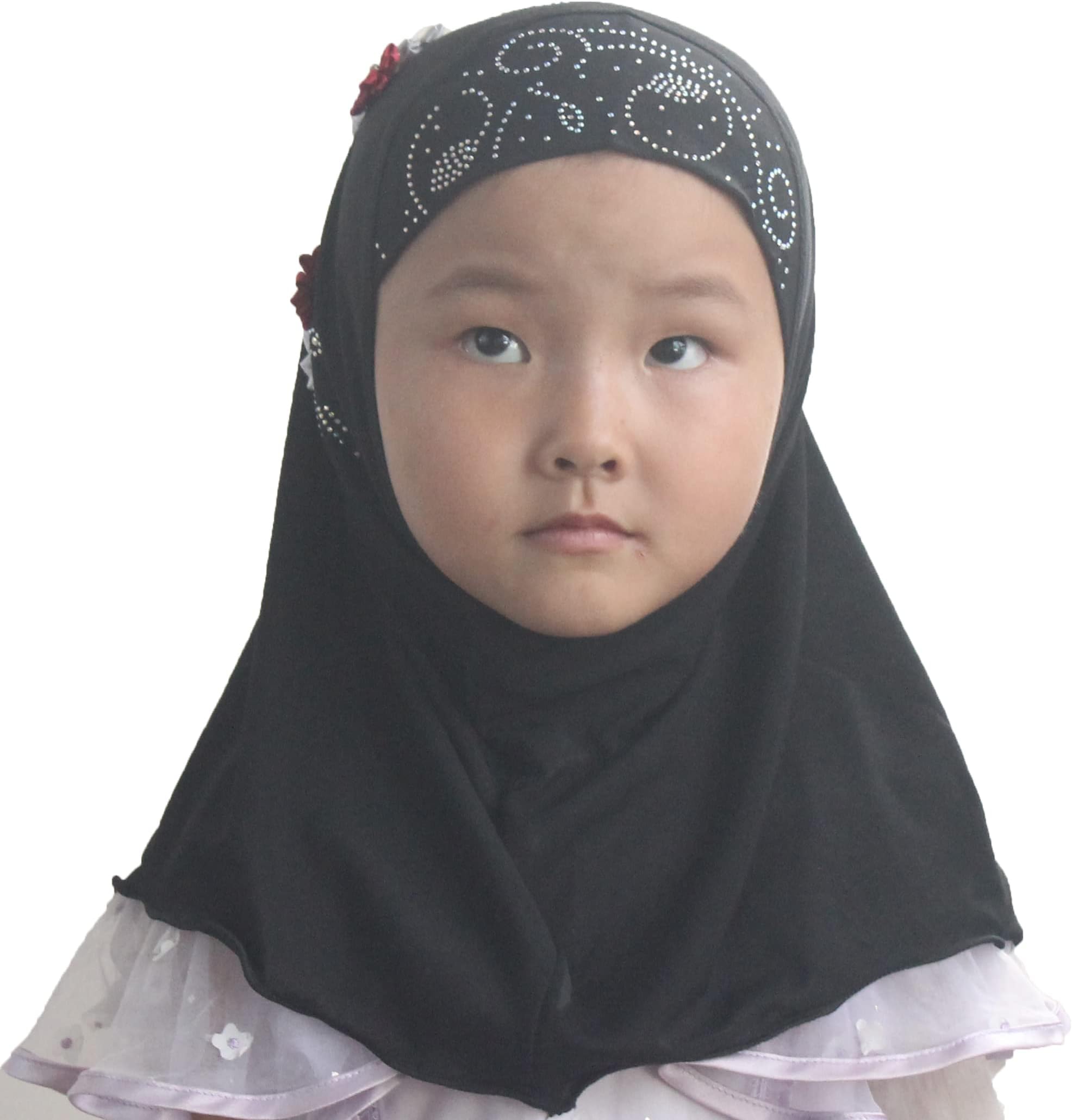 Instant Hijab for Kids Girls Hijabs Muslim Islamic Head Scarf with Rhinestone and Flowers