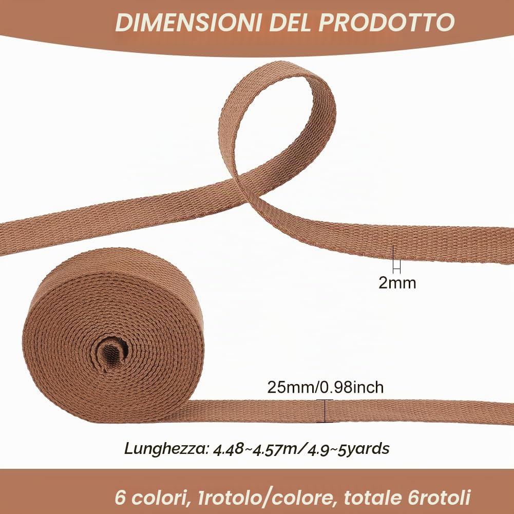 BENECREAT Nastro in Cotone Pesante da 27 m in 6 Colori, Tracolla per Borsa di Lusso Larga 25 mm, Tessitura Ad Alta Densità per Borse in Tessuto, Cinghie per Guinzaglio, Accessori Fai da Te