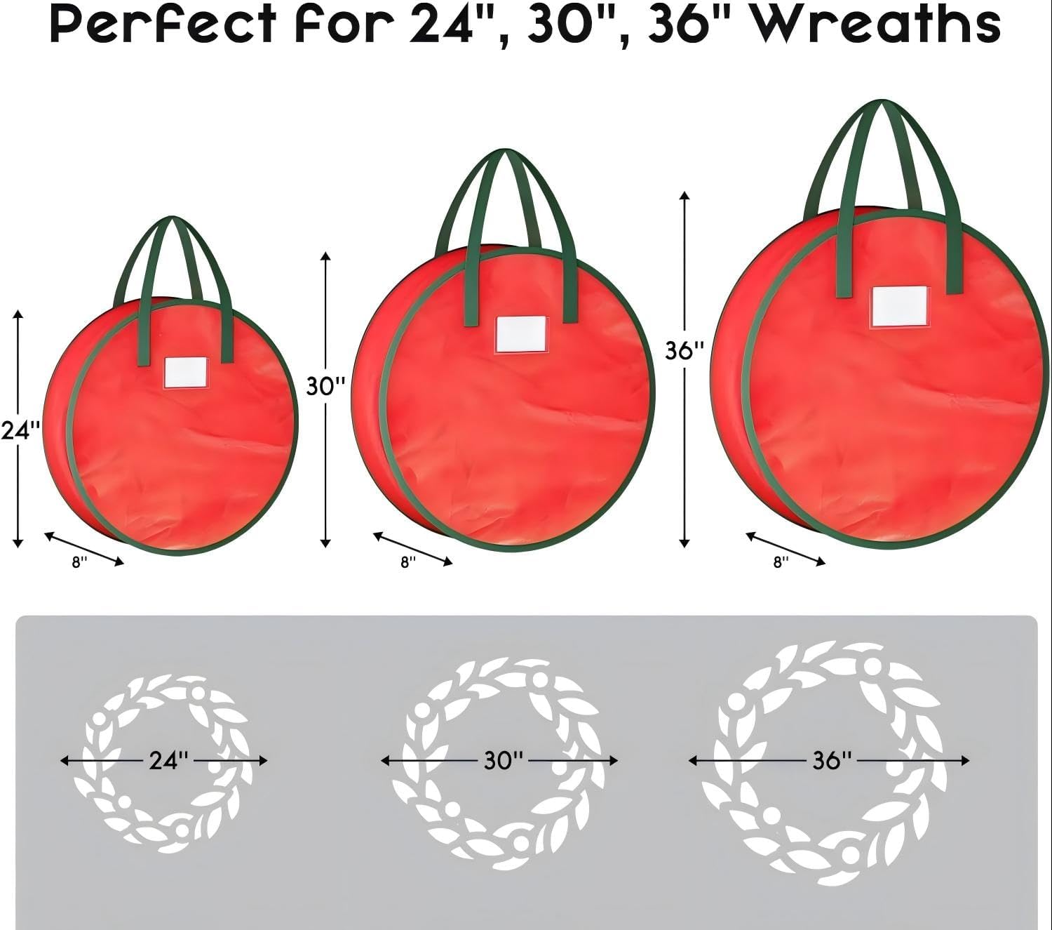 Christmas Wreath Storage Bag, Red Holiday Decoration Organizer with Green Handles, Fits 24, 30, 36 Inch Wreaths, Dust-Proof Storage Container (36inch)