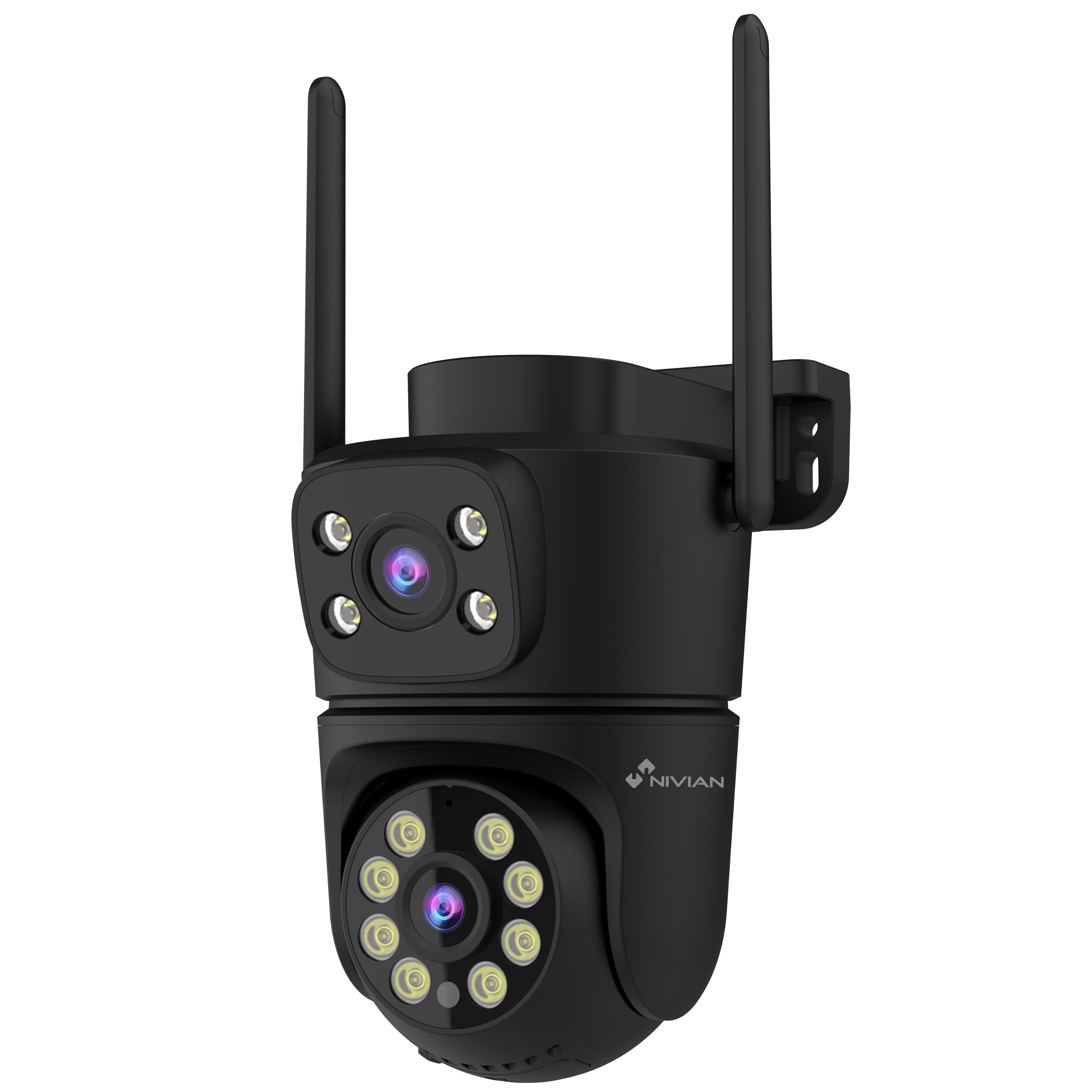 NIVIAN Cámara Vigilancia Exterior WiFi Dual 3MP SuperHD 2K con Doble Lente – Sin Ángulos Muertos, Seguimiento Automático IA, Audio Bidireccional, IP65, Control App Tuya (Negra)