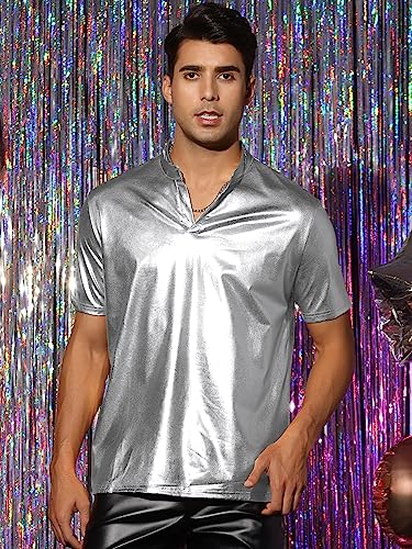 Lars Amadeus Metallic T-Shirt for Men's Stand Collared Shiny Disco Party Short Sleeves Polo Tee2