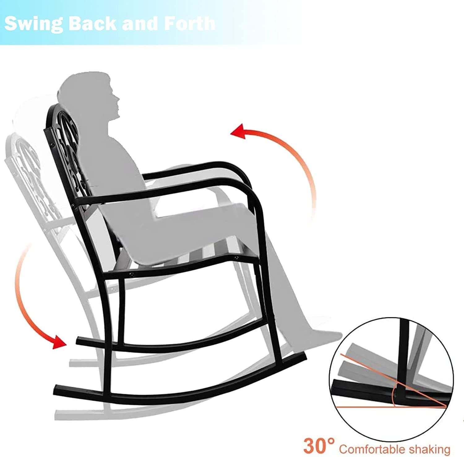 2 Pieces Outdoor Patio Rocking Chair, Metal Rocking seat for Deck, Backyard or Garden w/Scroll Design (Set of 2, Black)