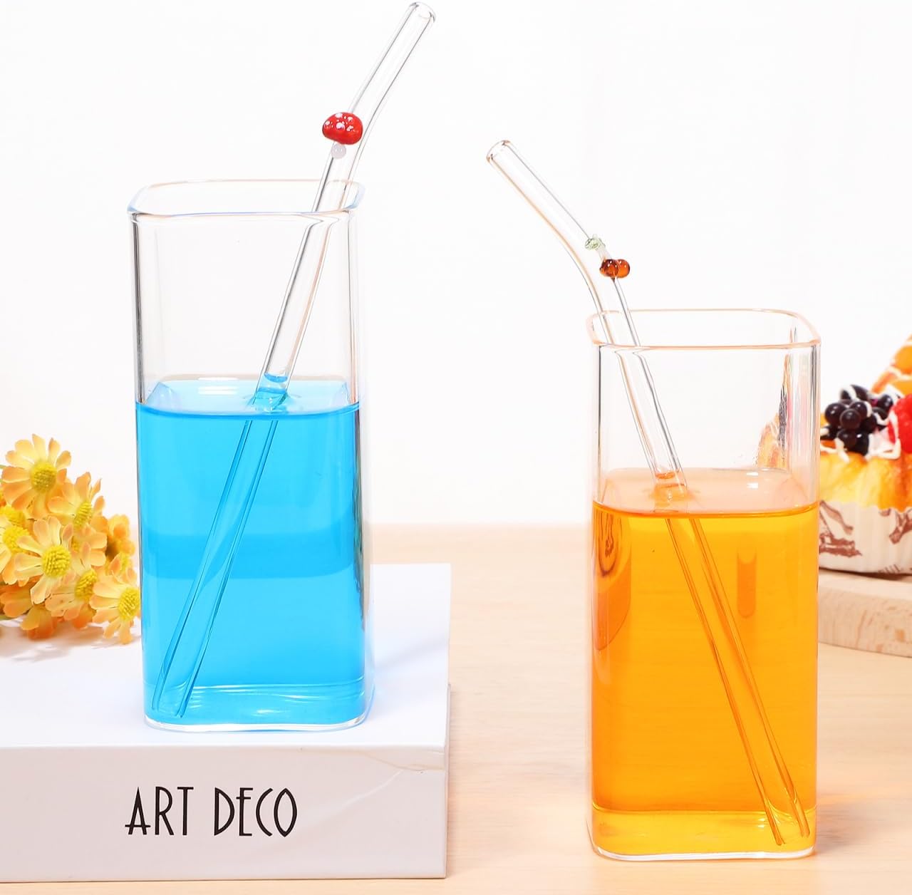 UPKOCH Reusable Glass Straws Set 6 Bent Clear Drinking Straws 7.87 Inch with 2 Cleaning Brushes for Coffee Smoothies Juice Tea Household Use