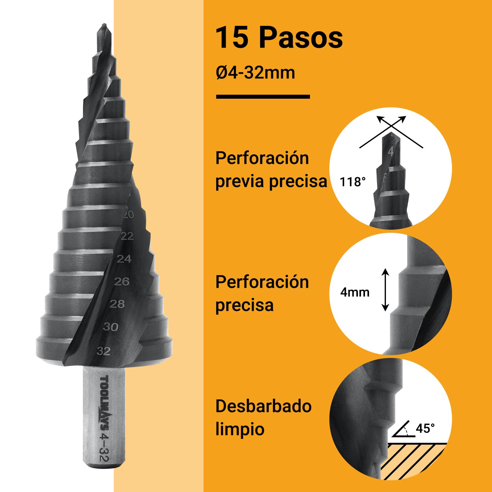 Broca Escalonada M35 AlTiN, 4-32 mm Broca Conica para Metal, 15 Pasos Brocas Escalonadas para Acero Inoxidable, Aluminio, Latón, Metal, Hierro, Madera, Plástico, PVC