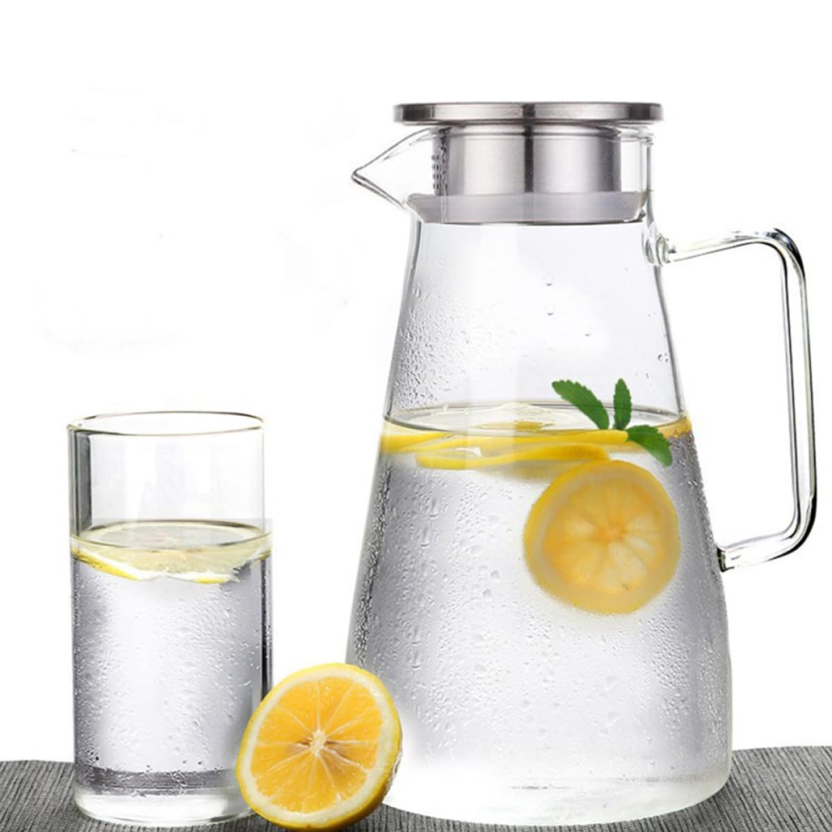 Jarra de Asa de Agua de Vidrio Fría Acero Inoxidable y 1500ml Diseño Cómoda Gran Capacidad para Uso en Casa y Tienda de Té
