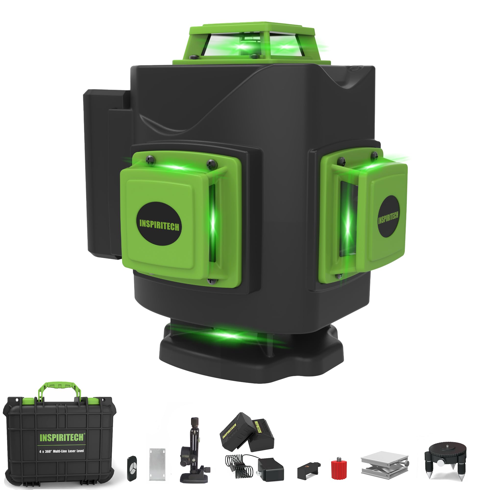 INSPIRITECHTile Laser Level Self-leveling - Floor 4 x 360 Green Cross Line Laser Leveler Tool - 16 lines Ceiling Nivel Laser for Construction - Hard-Sided Case