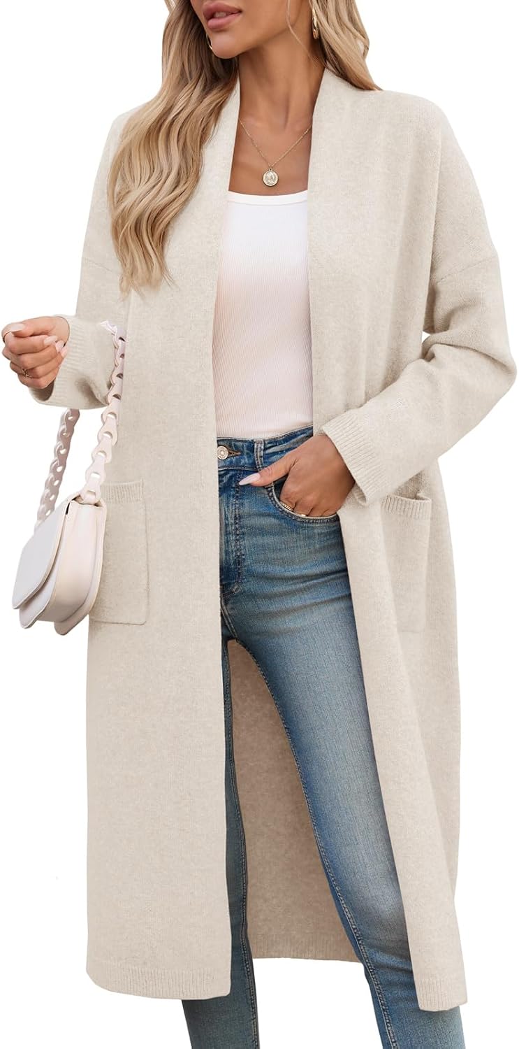 Saodimallsu Womens Extra Long Cardigan Sweaters Oversized Chunky Knit Open Front Long Sleeve Casual Duster Coat with Pockets