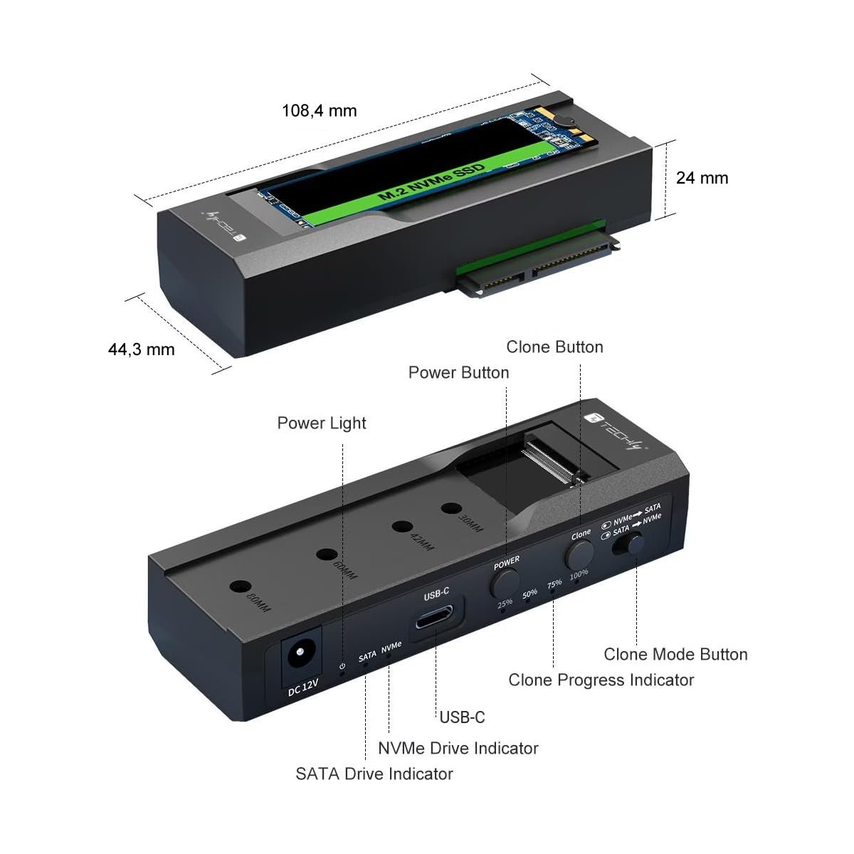 Techly 623615 Adattatore/Duplicatore per HDD/SSD SATA da 2,5”/3,5” e SSD NVME M.2 Nero