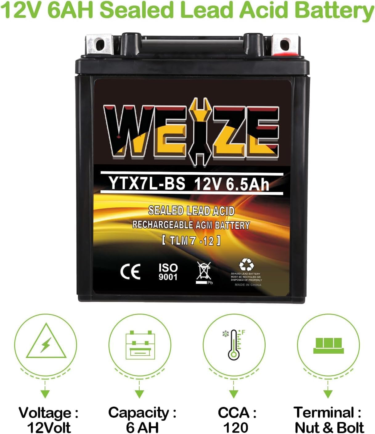 Weize YTX7L BS 120CCA ATV Battery High Performance - Maintenance Free - Sealed AGM YTX7L-BS Motorcycle Battery compatible with Honda Kawasaki Suzuki