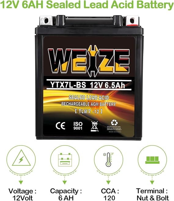 Weize YTX7L BS 120CCA ATV Battery High Performance - Maintenance Free - Sealed AGM YTX7L-BS Motorcycle Battery compatible with Honda Kawasaki Suzuki