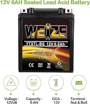 Weize YTX7L BS 120CCA ATV Battery High Performance - Maintenance Free - Sealed AGM YTX7L-BS Motorcycle Battery compatible with Honda Kawasaki Suzuki