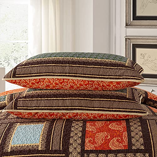 NEWLAKE Cotton Patchwork Bedspread, 3-Piece Bedding Quilt Set with Real Stitched Embroidery, Reversible Matelasse Bed Coverlet Set,Bohemian Farmhouse,Queen Size
