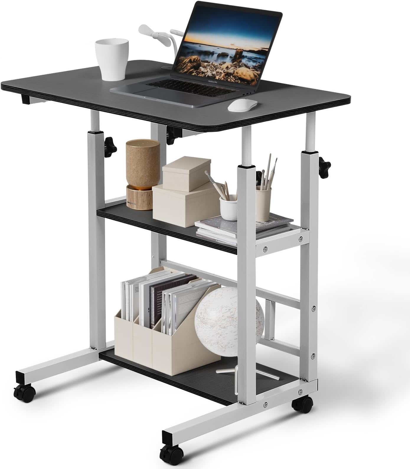 Warmiehomy Movable Computer Desk with USB Ports, Height Adjustable Office Desk with 2 Shelves, Mobile Laptop Table with A Small Fan&Light, Overbed Table for Living Room, Bedroom, 60x37x60-90cm, Black