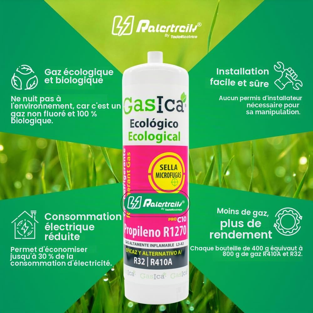 Gaz réfrigérant gasica C10 Compatible avec R32 R410A, valve incluse (3 bouteilles)