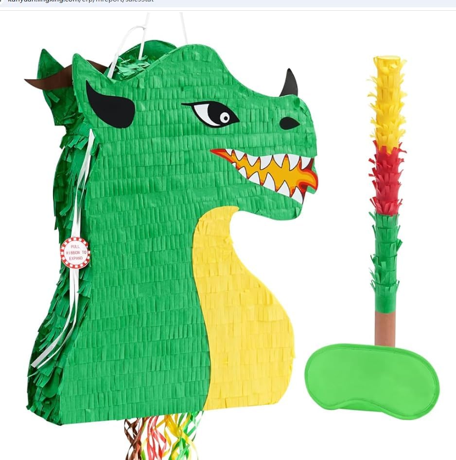 WERNNSAI Drachen Piñata – Drache Pinata Geburtstag Deko Junge Kindergeburtstag Faltbare Dino Piñata mit Stock Augenbinde Quasten Dino Geburtstagsparty Dekoration Partyspiele 41,9 x 31,8 cm