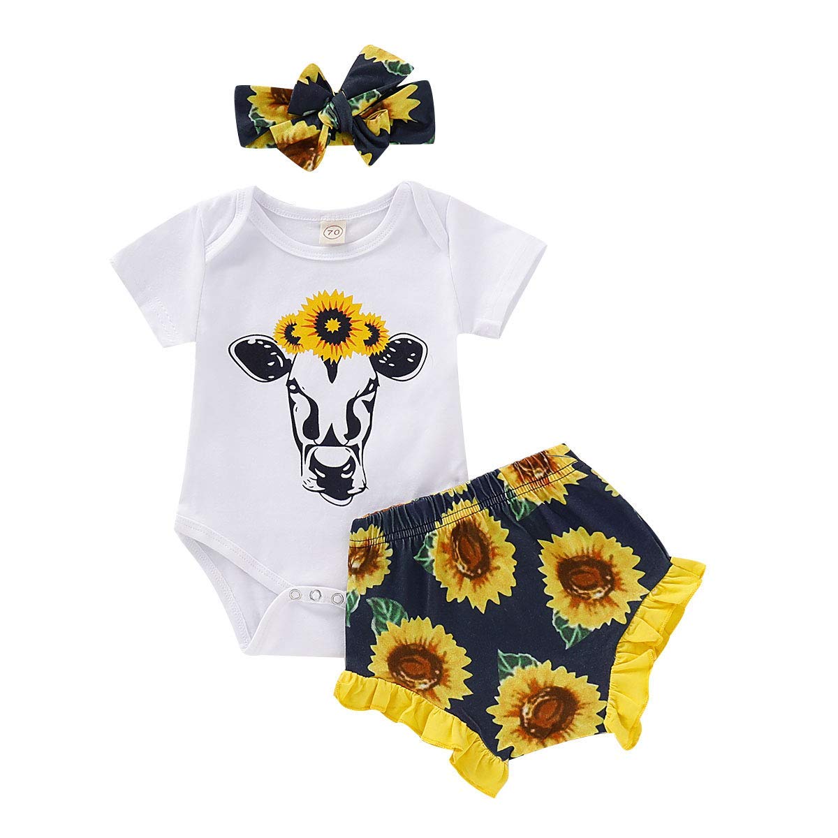 Aweyoo Newborn Baby Girl Toddler Outfits with White Cow Sunflower 3pcs Long Sleeve Romper + Pants + Bow Headband