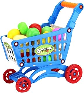Chariot Jouet Set 17pcs en plastique ABS Supermarché Panier Jouet aux légumes artificiels de fruits et de nourriture à faire semblant Jeux de bleu