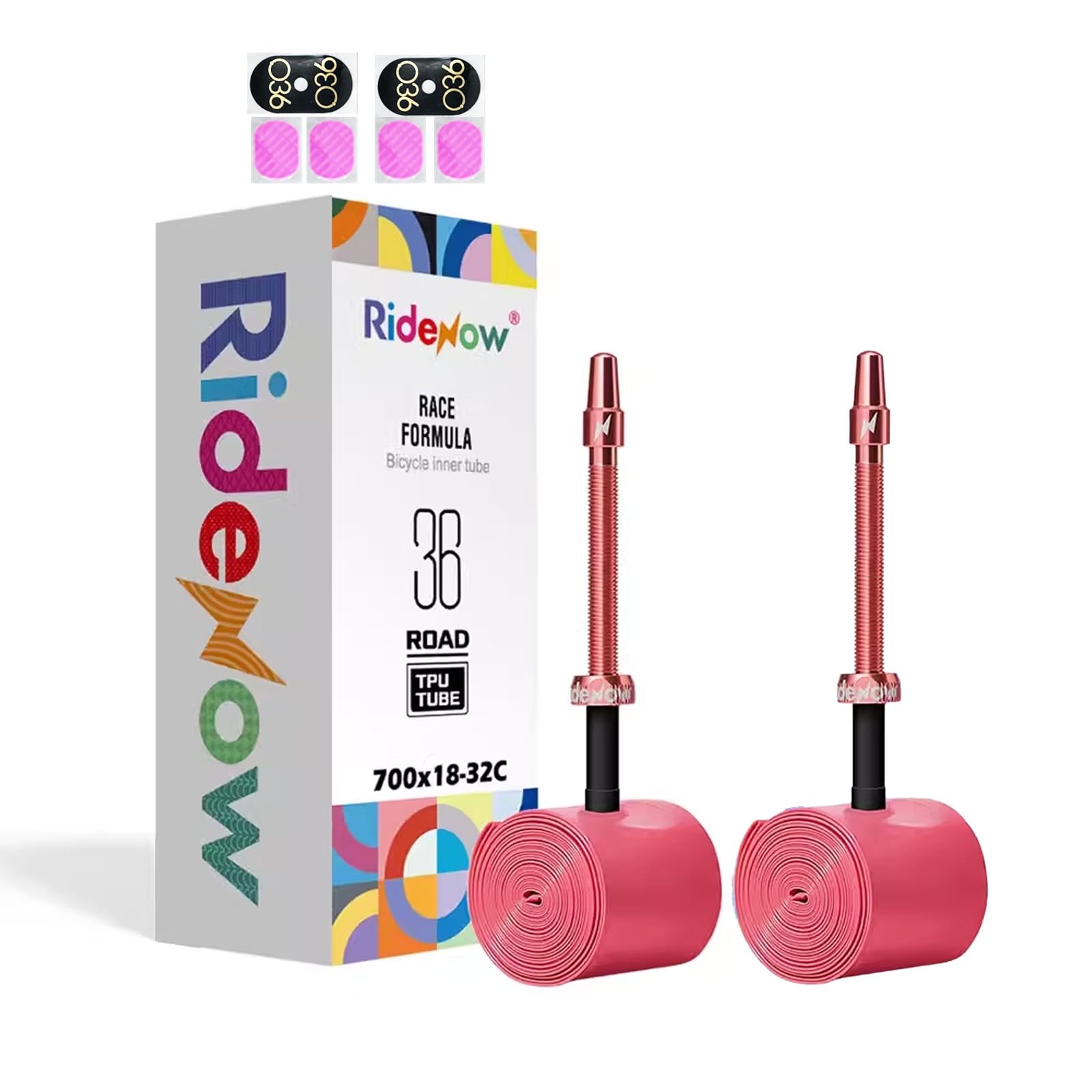 2 Pack RideNow TPU Inner Tubes 700C x 18-32C / 32-47C with 45mm/65mm/85mm Metal Presta Valve, Removable Valve Cores for All Road or Gravel Bike (Include Bike Tube Patch Repair Kit)