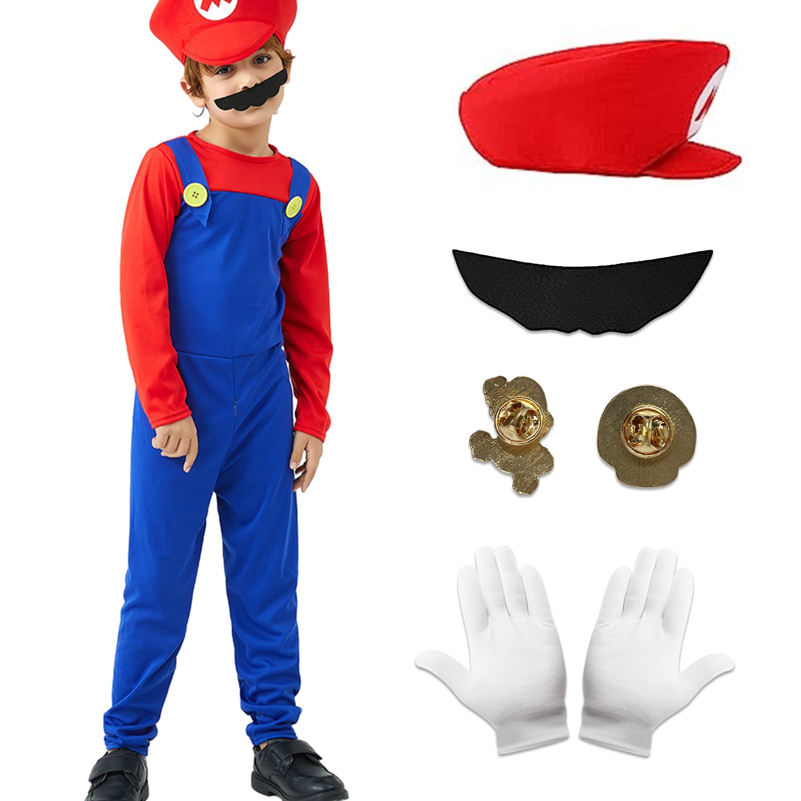 Amycute Disfraz de Super Bros Cosplay para Niños Adultos, Classic Traje con sombrero y bigote para Carnaval, Halloween, Disfraces