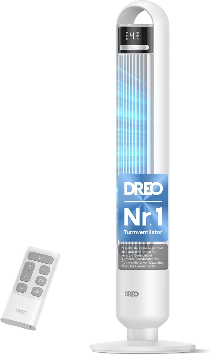 DREO Leiser Turmventilator, Ventilator mit Kühlung, Fernbedienung für Schlafzimmer, Tower Fan mit 4 Geschwindigkeiten, 3 Modi, 9,8 m Windreichweite, 8H Timer, 90° Oszillierend für Wohnzimmer