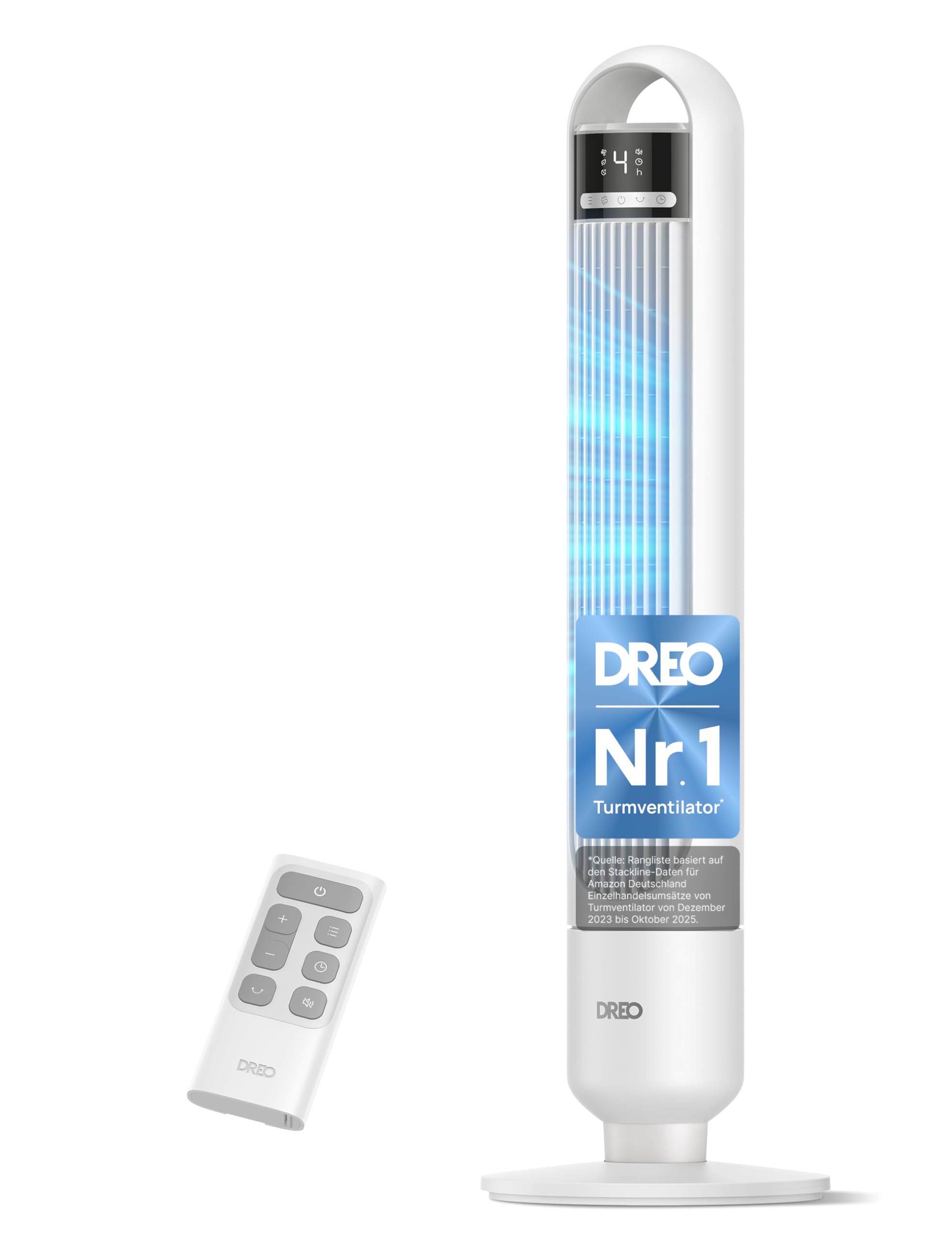 DREO Leiser Turmventilator, Ventilator mit Kühlung, Fernbedienung für Schlafzimmer, Tower Fan mit 4 Geschwindigkeiten, 3 Modi, 9,8 m Windreichweite, 8H Timer, 90° Oszillierend für Wohnzimmer