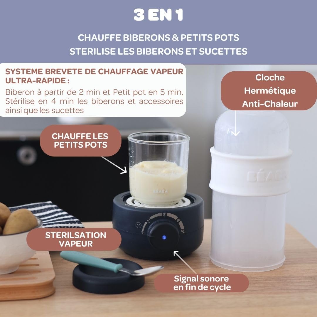 BÉABA, Chauffe Biberon/Petits Pots, Stérilisateur Biberon, Tétines, Chauffe Lait Maternel, Vapeur douce, Chauffe rapide, Baby Milk Second, Night blue