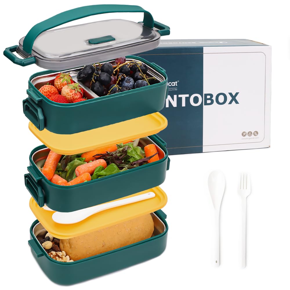 Bugucat Bento Box 1700ML, 3 in 1 Boite Bento Acier Inoxydable Lunch Box Boîte à Repas en Plastique pour Enfant Adulte, Bento Boîte à Déjeuner Sécurité Anti-Fuite Écologique Hermétique Boîtes Bento