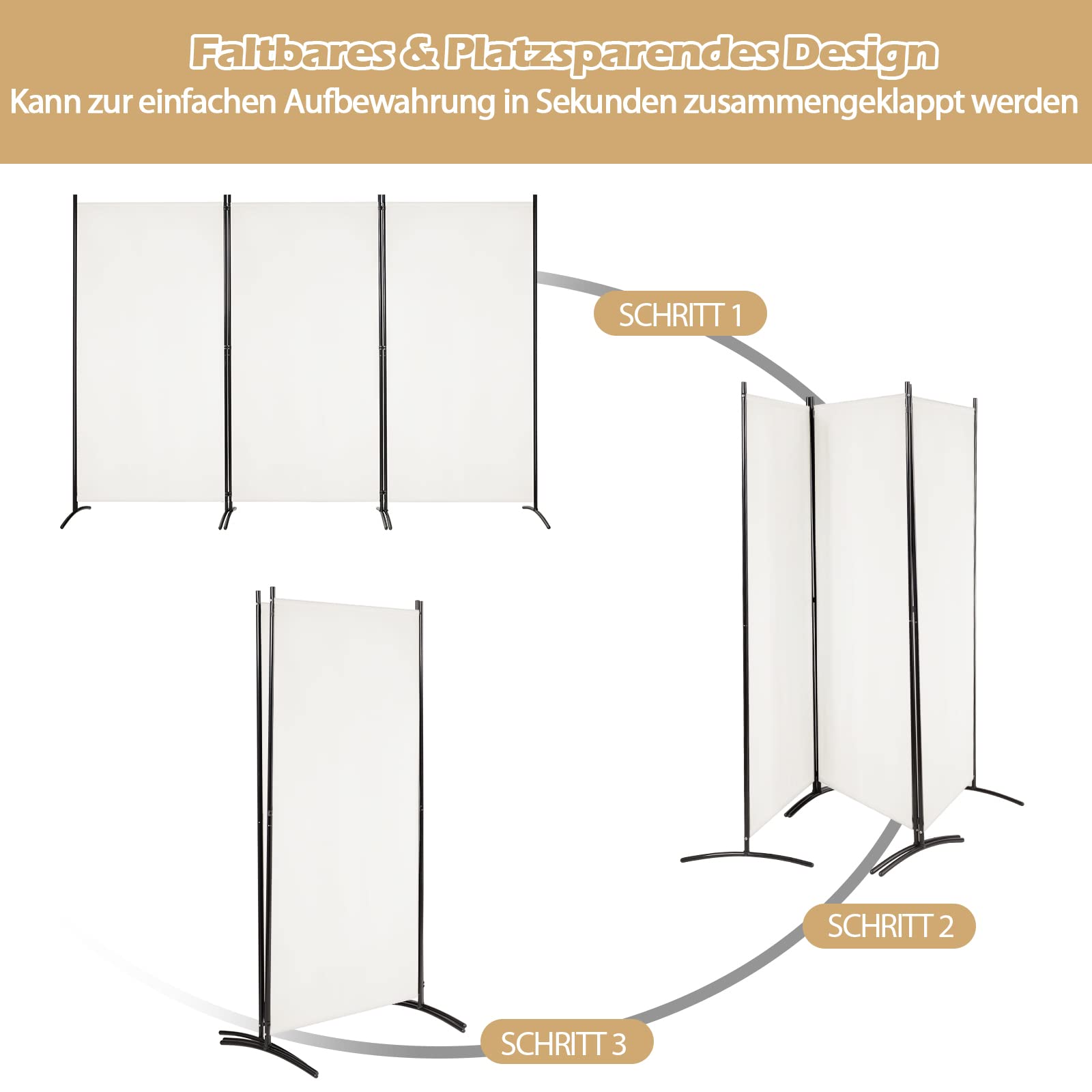 GOPLUS Paravent, Raumteiler zum Sichtschutz, Trennwand aus Stoff & Metall, Undurchsichtige Stellwand, Stabil mit Stützfüßen, Leichtes Verstauen, für Garten Balkon Büro (3-teilig, Weiß)