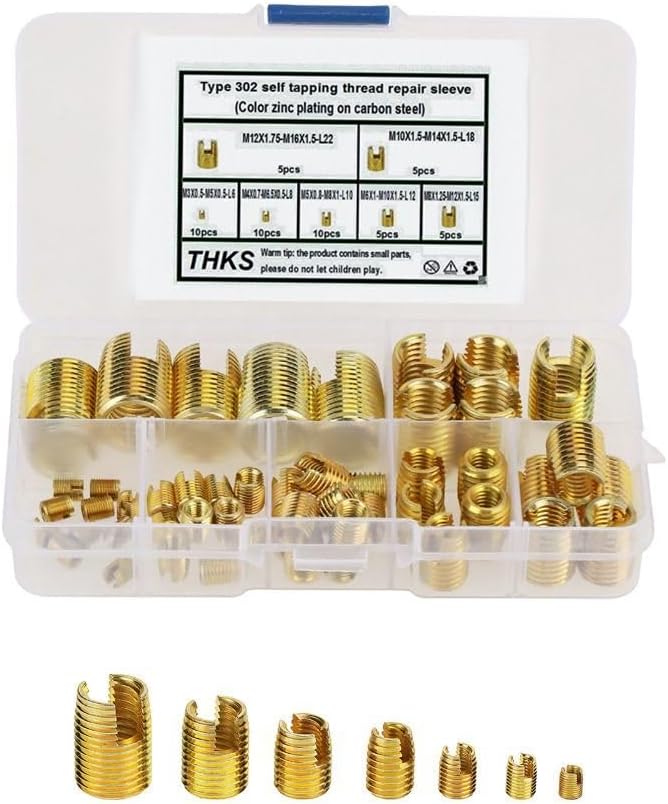 Thread Insert,302 Self Tapping Slotted Thread Inserts Set - M3-M12 Brass Slotted Threads Inserts Pressed Into Holes for Thread Reinforcement & Repair