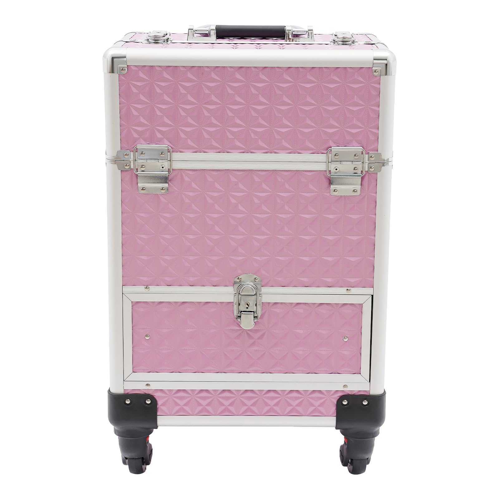 BIXIBIN Rolling Makeup Train Case with 6 Compartments, 4 Silent Wheels, Pink with Lockable Drawer for Salon Barber Traveling Cart Trunk,Makeup Artists and Beauty